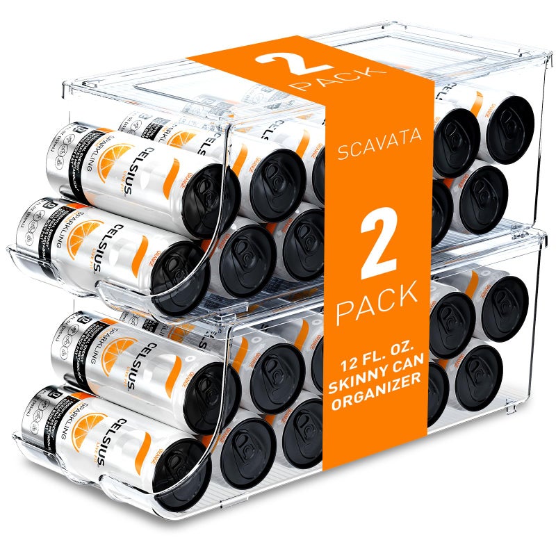 SCAVATA 2 Pack Skinny Can Organizer for Refrigerator, Stackable Tall Skinny Soda Pop Can Holder Dispenser with Lid for Fridge Pantry Rack Freezer, Clear Plastic Storage Bins-Holds 12 Slim Cans Each - Image 1