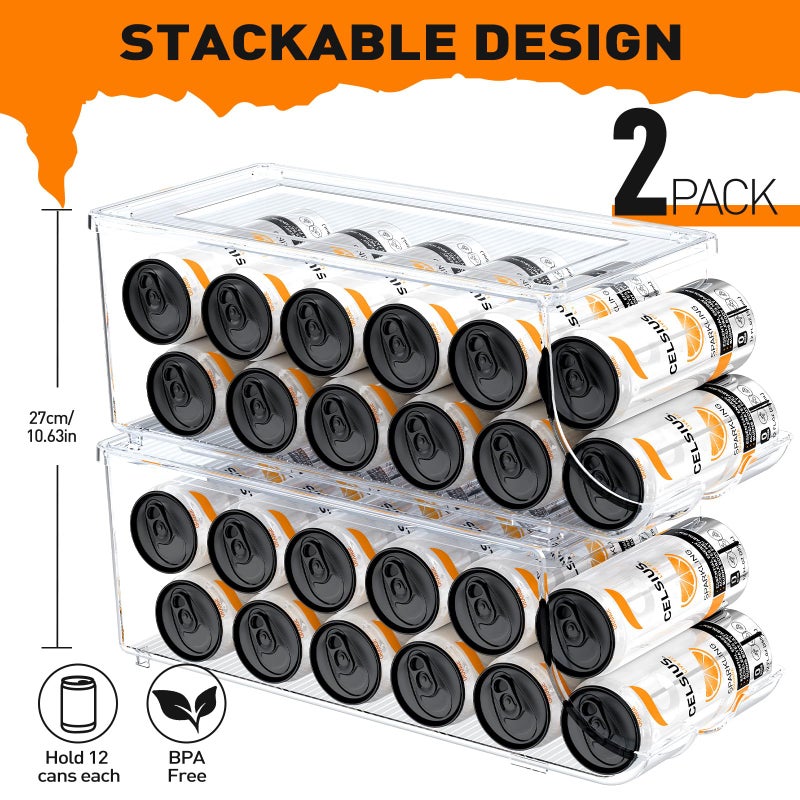 SCAVATA 2 Pack Skinny Can Organizer for Refrigerator, Stackable Tall Skinny Soda Pop Can Holder Dispenser with Lid for Fridge Pantry Rack Freezer, Clear Plastic Storage Bins-Holds 12 Slim Cans Each - Image 2