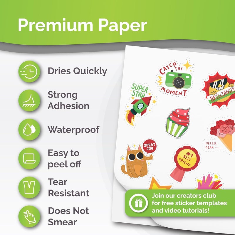 AgoDeo Premium Printable Vinyl Sticker Paper for Inkjet Printer - 34 Sheets Self-Adhesive Sheets Matte White Waterproof, Dries Quickly Vivid Colors, Holds Ink Well - Tear Resistant - Image 2