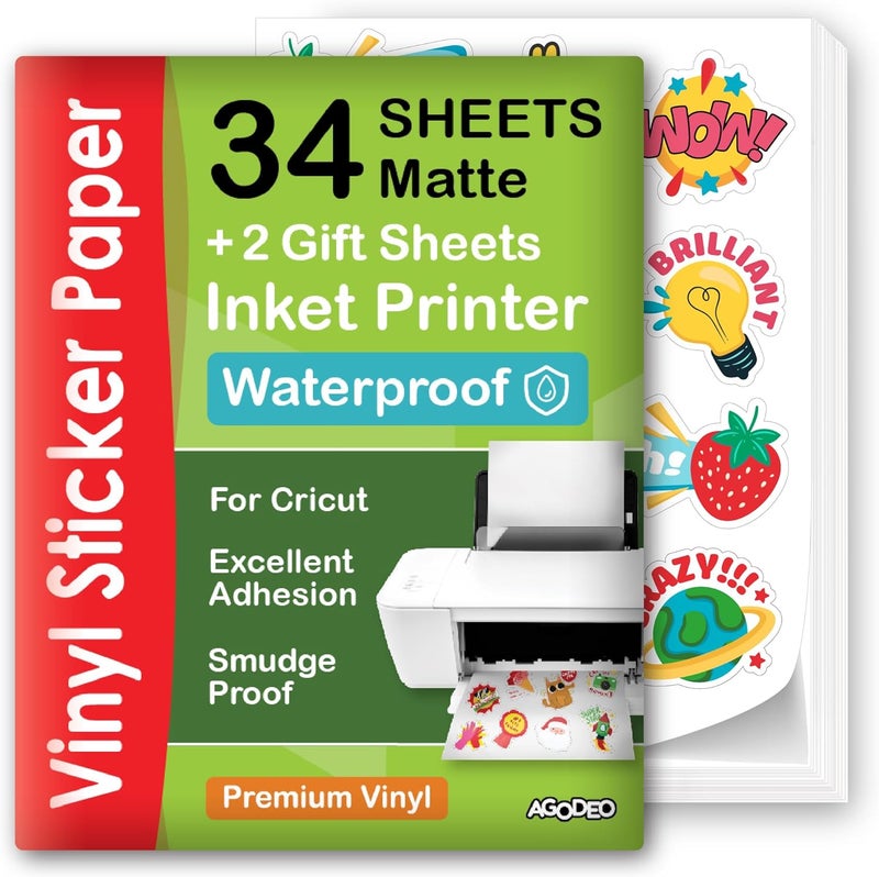 AgoDeo Premium Printable Vinyl Sticker Paper for Inkjet Printer - 34 Sheets Self-Adhesive Sheets Matte White Waterproof, Dries Quickly Vivid Colors, Holds Ink Well - Tear Resistant - Image 1
