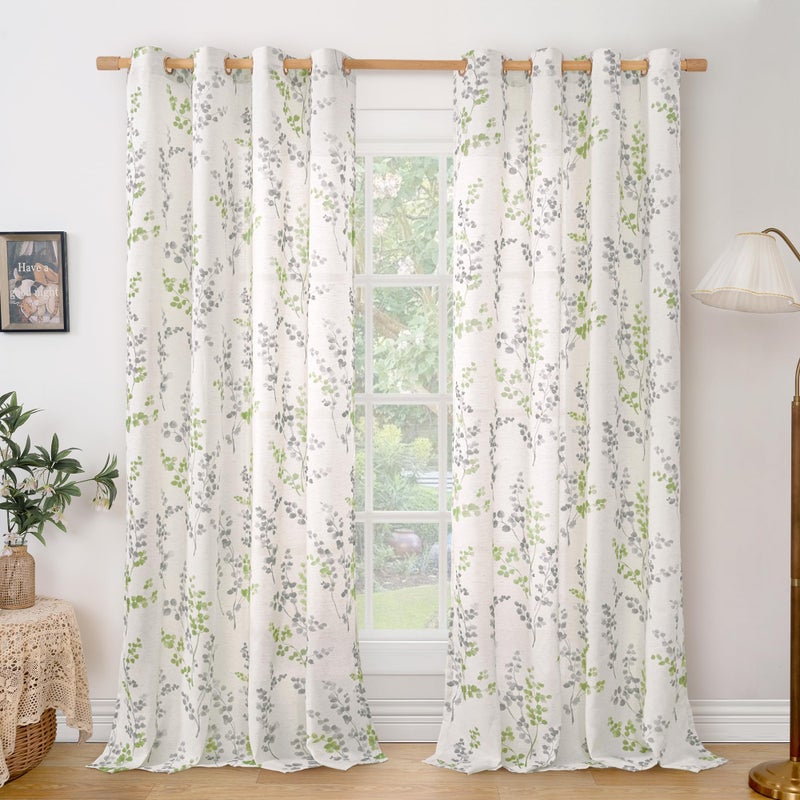 BGment Linen Curtains for Bedroom 63 Inch Length 2 Panels Set Floral Leaf Patterns  Light Filtering Window Privacy Curtains for Living Room Boho Farmhouse Vintage  Each 52 Inch Wide  Sage Green - Image 4