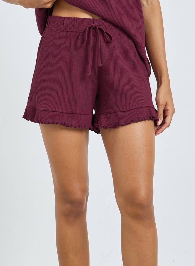 Styli Burgundy Rib Drop Shoulder Cotton T-Shirt and Ruffle Edge Short Set - Image 4