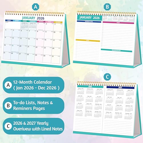 BowCuk Desk Calendar 2026 - Standing Flip Desktop Calendar 2026, 12 Months Jan 2026 - Dec 2026, 11" x 8.5", Large with Notes, To-Do, Yearly Overview, Thick Paper, Great for Easy Planning - Multicolor - Image 5