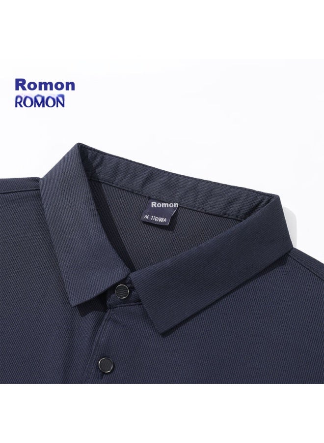 Romon Men's Short Sleeve Summer Solid Color Casual T-shirt Men's Comfortable Breathable Polo Shirt Men's Top Navy Blue XL