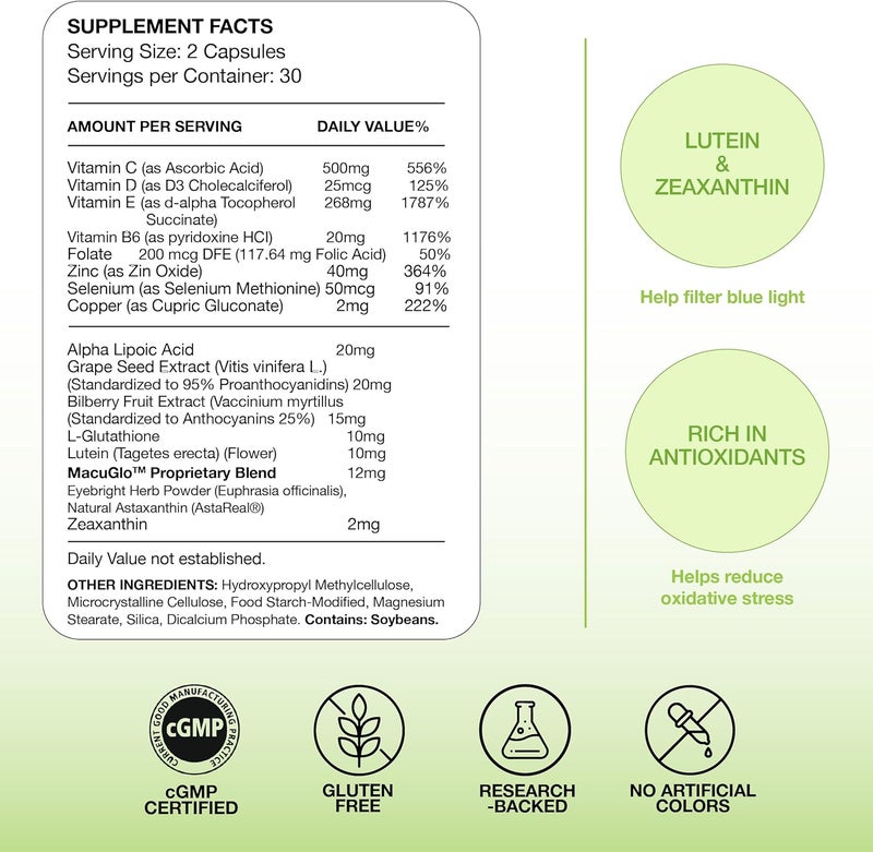 EyeScience Macular Health Beyond AREDS2 Formula Advanced Ocular Vitamin  Containing Lutein Zeaxanthin Bilberry and Vitamins C D E and B6 30 Day Supply - Image 5