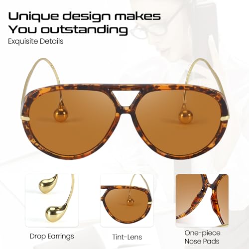 SODQW Oversized Aviator Sunglasses for Women With Earring Trendy Large Big 2025 Designer Shades Adjustable Temples - Image 4