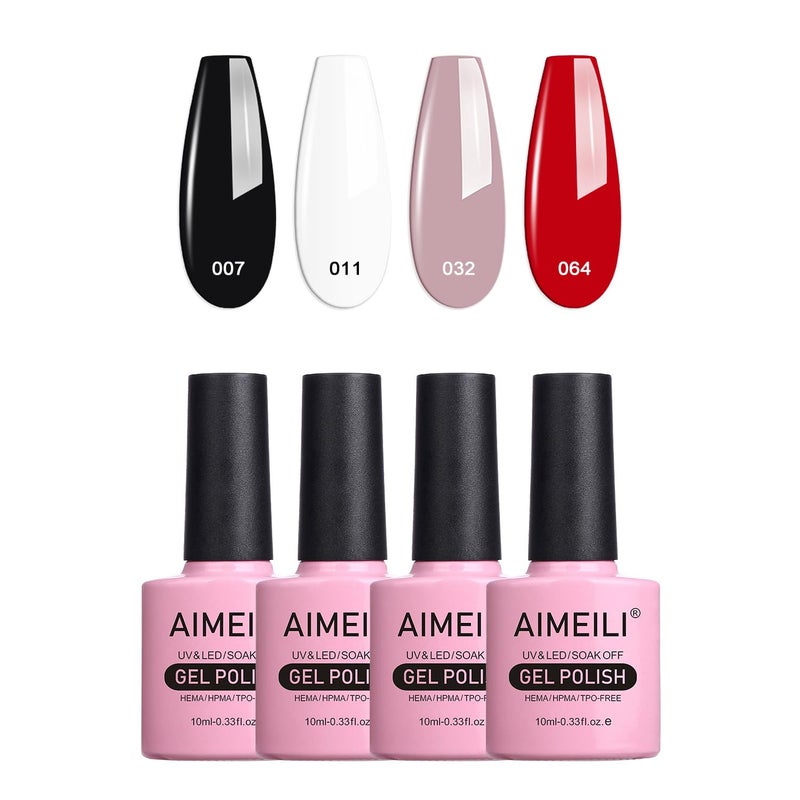 AIMEILI Gel Nail Polish Soak Off U V LED Hema Free Cruelty Free Vegan Elegant Classic Nude Black Red White Color Gel Set Of 4pcs X 10ml - Kit Set 19 - Image 1