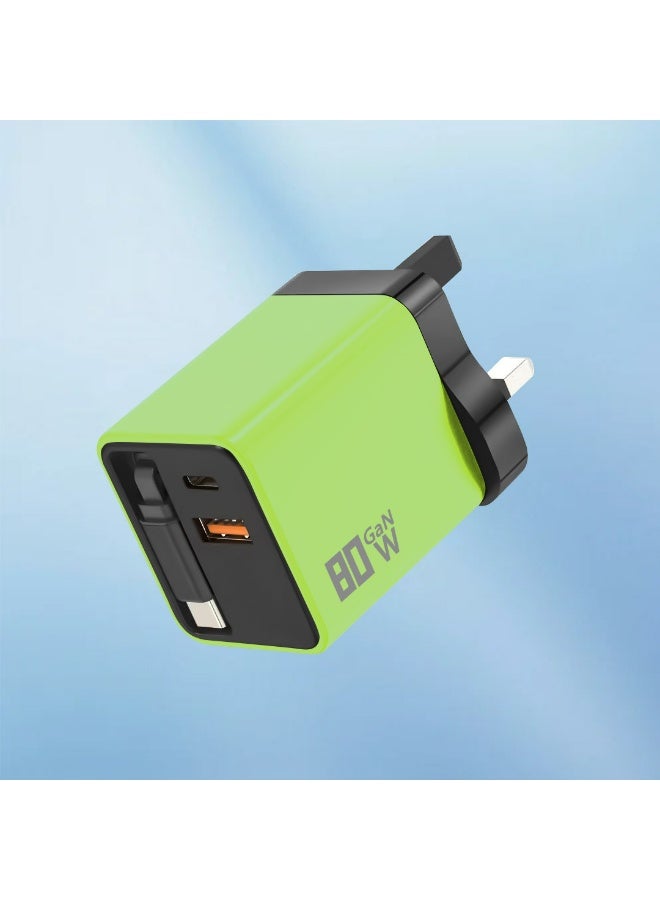 شاحن قابل للسحب، شاحن USB-C قابل للسحب بقوة 80 واط مع كابل من النوع C وقابس حائط ثلاثي المنافذ USB-C/A، متوافق مع MacBook Pro/Air، وiPhone Pro Max 17/16/15، وiPad، وSamsung Galaxy S25/S24، وLG، وPixel، والأجهزة اللوحية. - Image 1