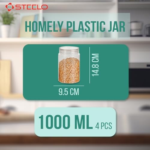 SCL Steelo Steelo Homely Plastic Kitchen Jar Container Set Kitchen Organiser Air Tight Jar Container Set Fridge safe US FDA Approved PET Food Grade Heavy Duty Material, BPA Free (Clear, 1000 ml, Pack of 4) - Image 5