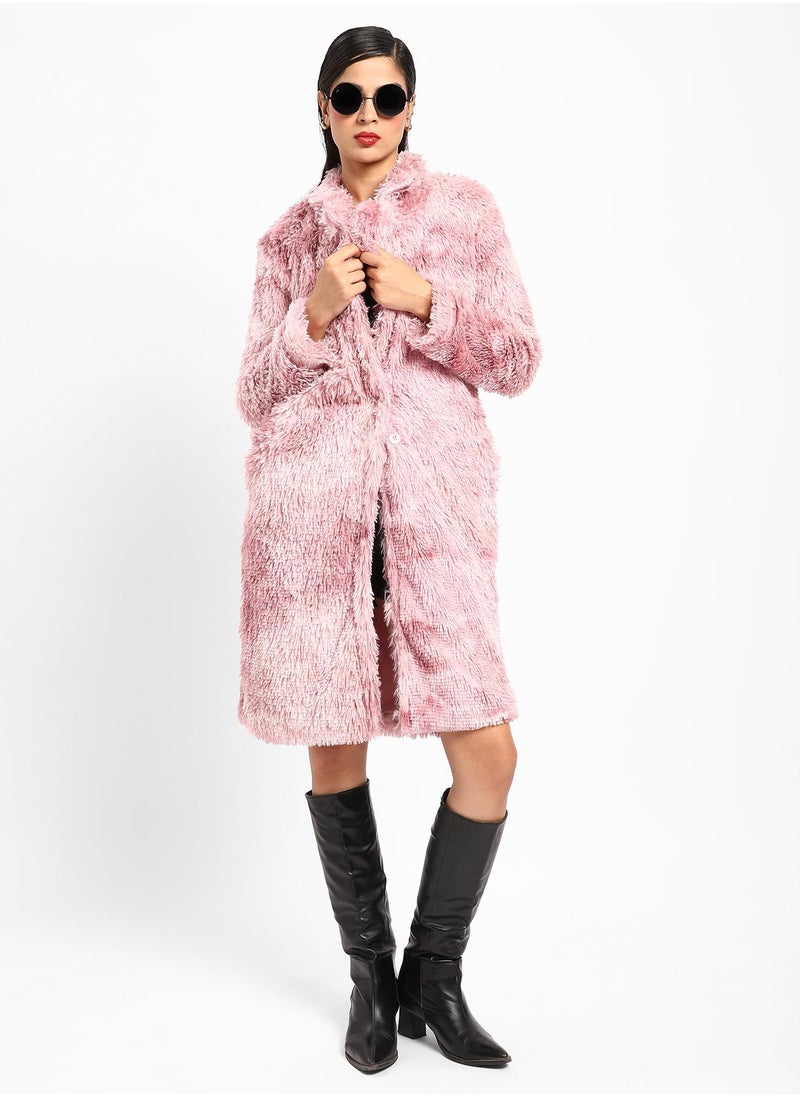 Campus Sutra Women's Blush Pink Single-Breasted Fleece Long Coat  - Image 1