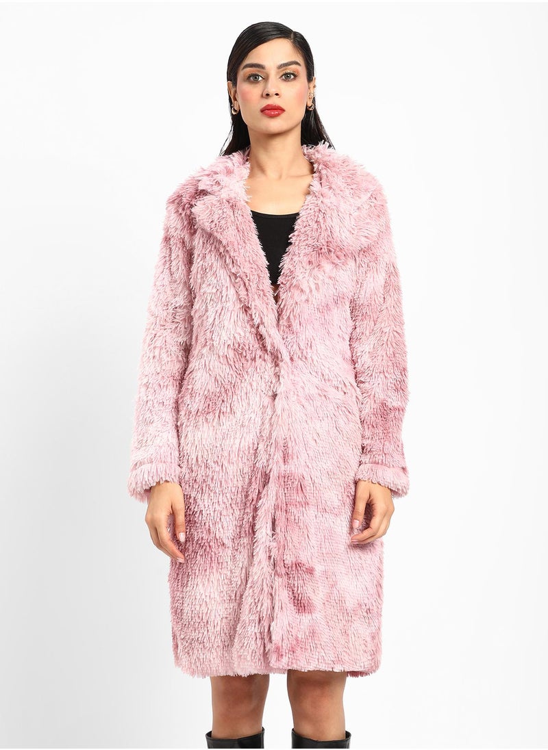 Campus Sutra Women's Blush Pink Single-Breasted Fleece Long Coat  - Image 2
