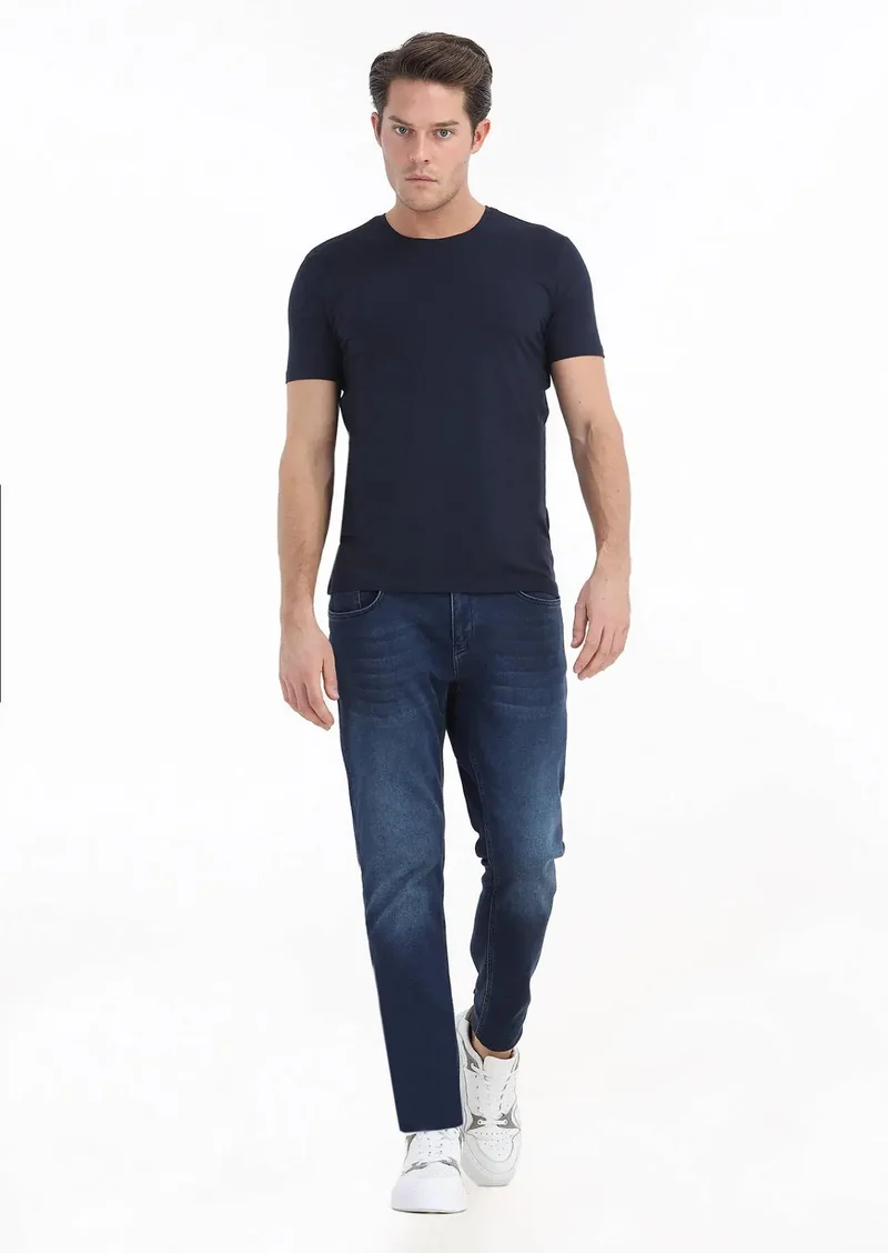 RAMSEY Navy Blue Plain Cotton Blended T-Shirt