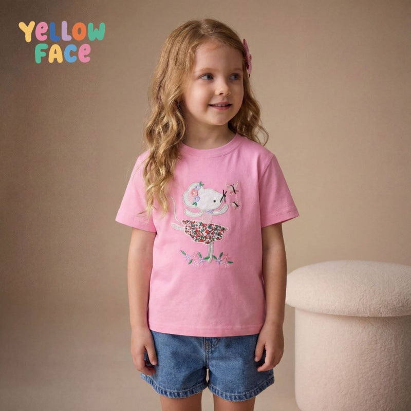 Girls Short Sleeve T-Shirt with Ballet Mouse Embroidery - Image 1