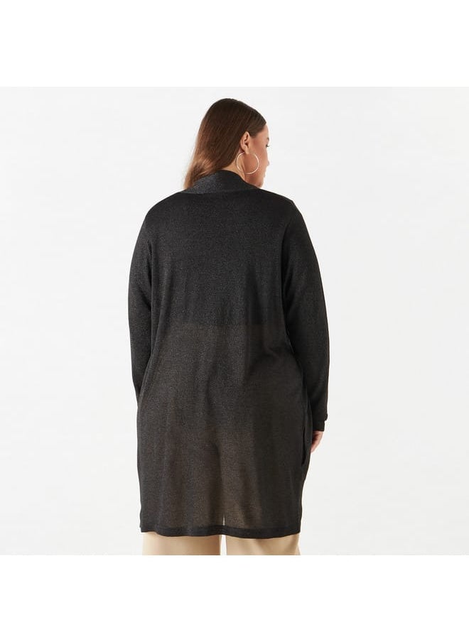 Ulla Popken Plus Size Ulla Popken Textured Open Front Shrug with Long Sleeves and Pockets  - Image 3