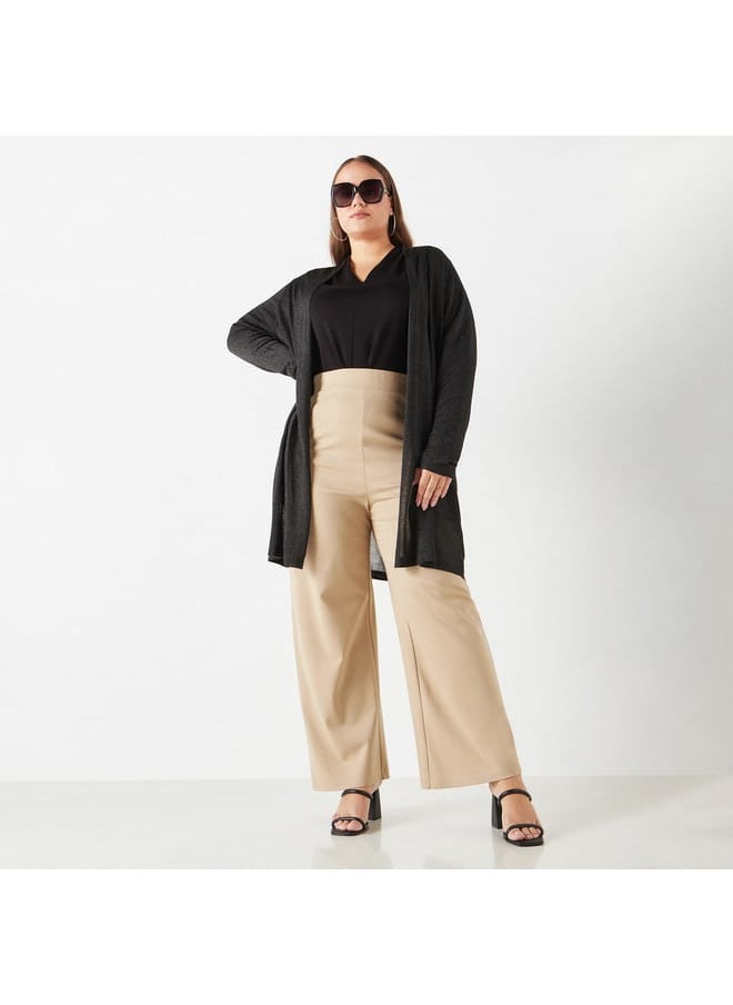 Ulla Popken Plus Size Ulla Popken Textured Open Front Shrug with Long Sleeves and Pockets  - Image 2