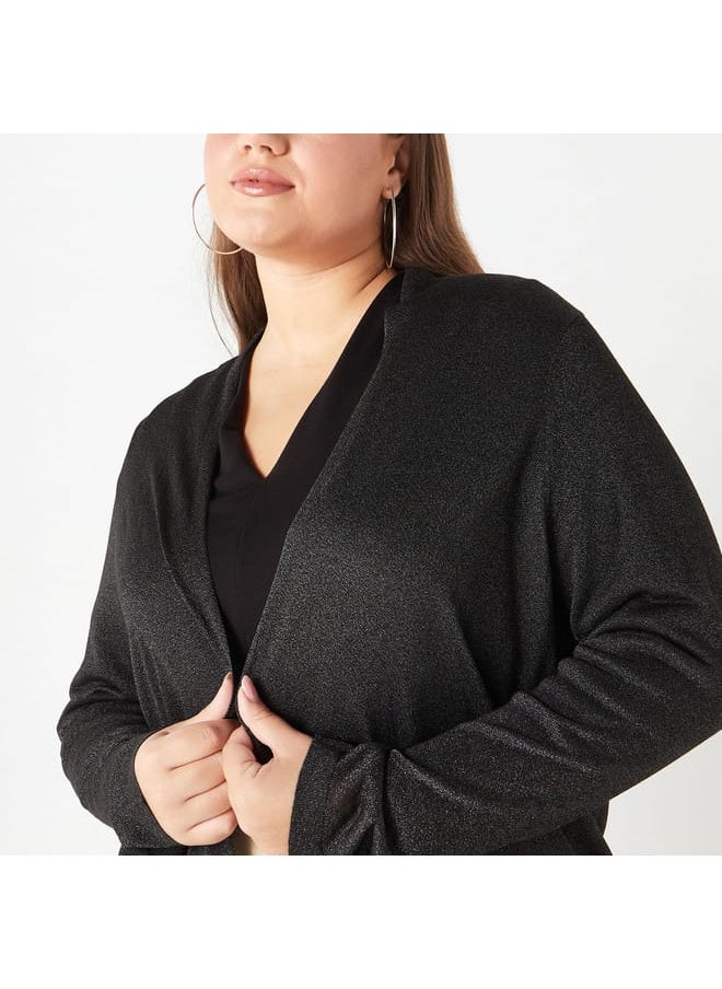Ulla Popken Plus Size Ulla Popken Textured Open Front Shrug with Long Sleeves and Pockets  - Image 4