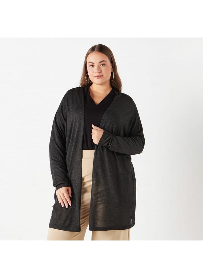 Ulla Popken Plus Size Ulla Popken Textured Open Front Shrug with Long Sleeves and Pockets  - Image 1