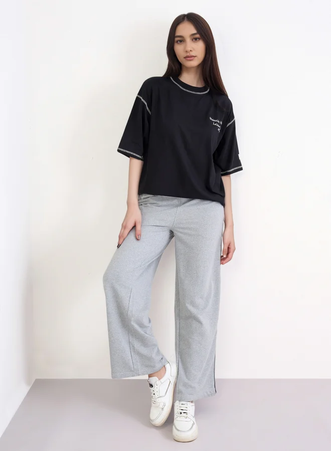 Styli Styli Grey Wide Leg Joggers with Piping Detail