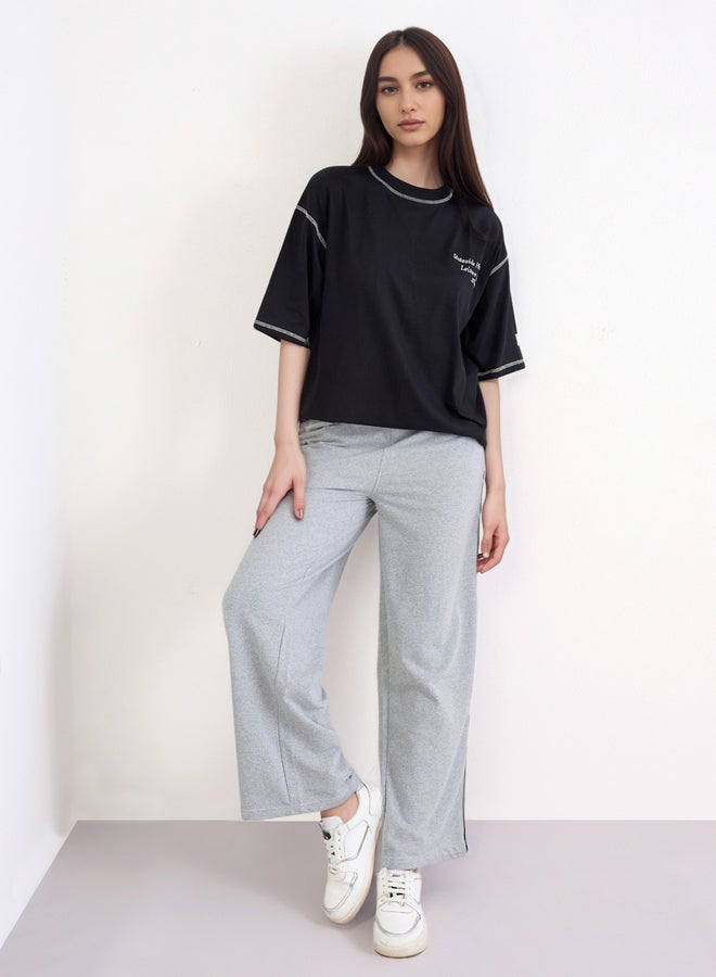 Styli Grey Wide Leg Joggers with Piping Detail - Image 1