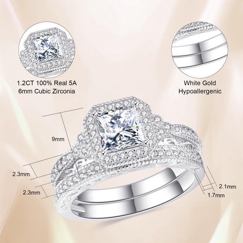 AVECON 1.2CT Princess Cut Engagement Ring for Women, Wedding Promise Cubic Zirconia Band, Halo White Gold Plated Bridal Ring Set, Size 7.5 - Image 2