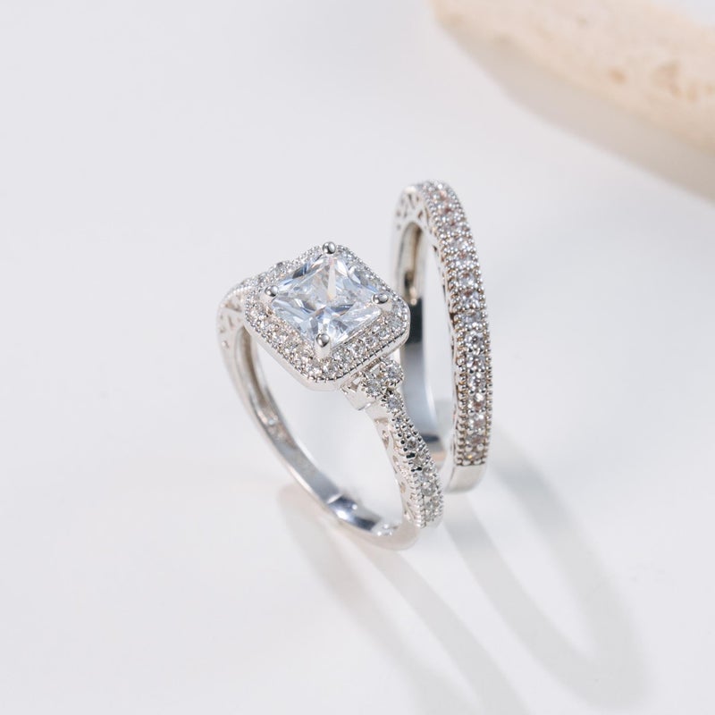 AVECON 1.2CT Princess Cut Engagement Ring for Women, Wedding Promise Cubic Zirconia Band, Halo White Gold Plated Bridal Ring Set, Size 7.5 - Image 3