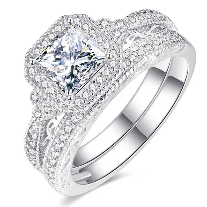AVECON 1.2CT Princess Cut Engagement Ring for Women, Wedding Promise Cubic Zirconia Band, Halo White Gold Plated Bridal Ring Set, Size 7.5 - Image 1