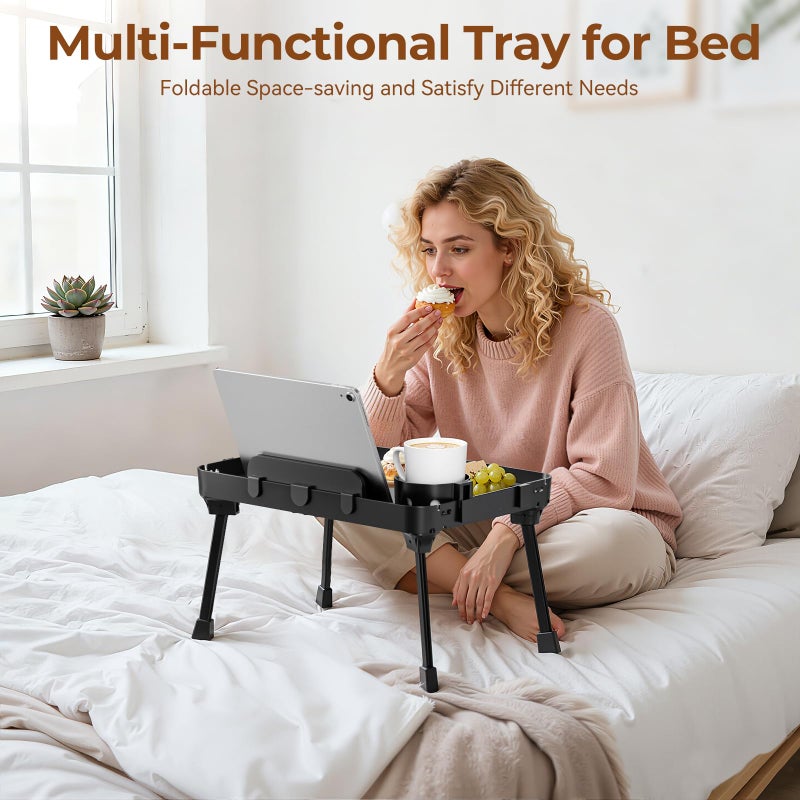 KDD Bed Tray Table with Folding Legs,Breakfast Tray with Removable Cup Holder & Phone Tablet Holder,Foldable Lap Tray for Bed, Sofa,Laptop Desk,Working,Snack, Kitchen Serving Tray,TV Table,Reading - Image 2