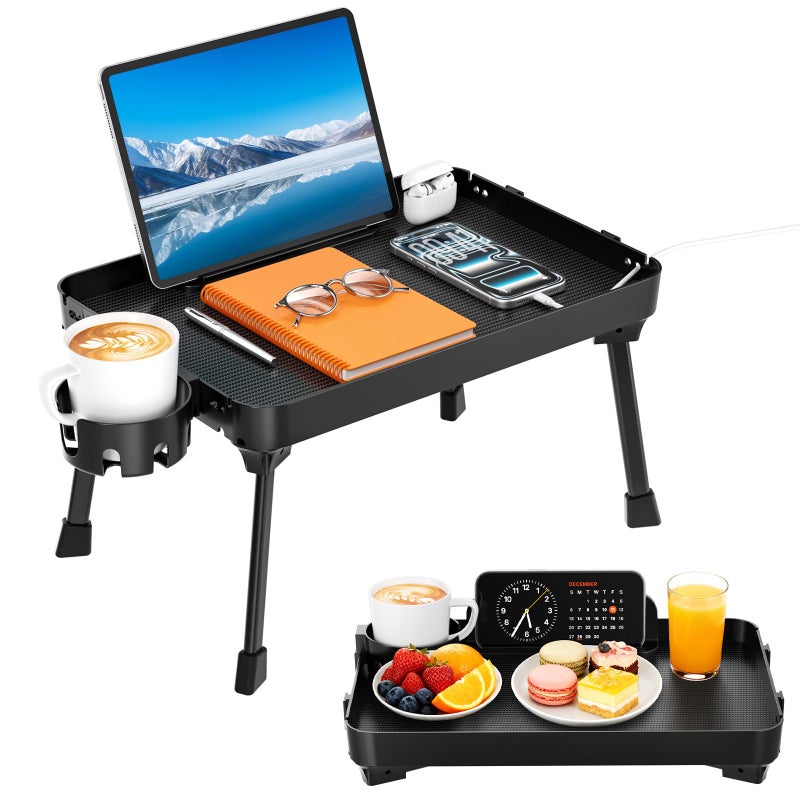 KDD Bed Tray Table with Folding Legs,Breakfast Tray with Removable Cup Holder & Phone Tablet Holder,Foldable Lap Tray for Bed, Sofa,Laptop Desk,Working,Snack, Kitchen Serving Tray,TV Table,Reading - Image 1