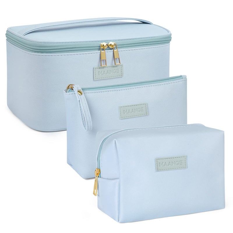 MAANGE Makeup Bag Large Cosmetic Bag with 2pcs Small Makeup Bags Portable Leather Travel Makeup Bag Set Toiletry Bag Make Up Bags for Women and Girls (Blue) - Image 1