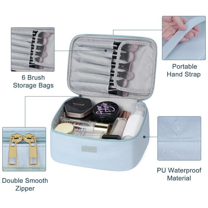 MAANGE Makeup Bag Large Cosmetic Bag with 2pcs Small Makeup Bags Portable Leather Travel Makeup Bag Set Toiletry Bag Make Up Bags for Women and Girls (Blue) - Image 5