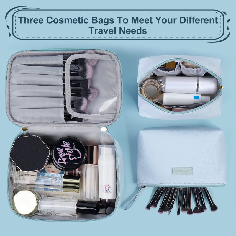 MAANGE Makeup Bag Large Cosmetic Bag with 2pcs Small Makeup Bags Portable Leather Travel Makeup Bag Set Toiletry Bag Make Up Bags for Women and Girls (Blue) - Image 4