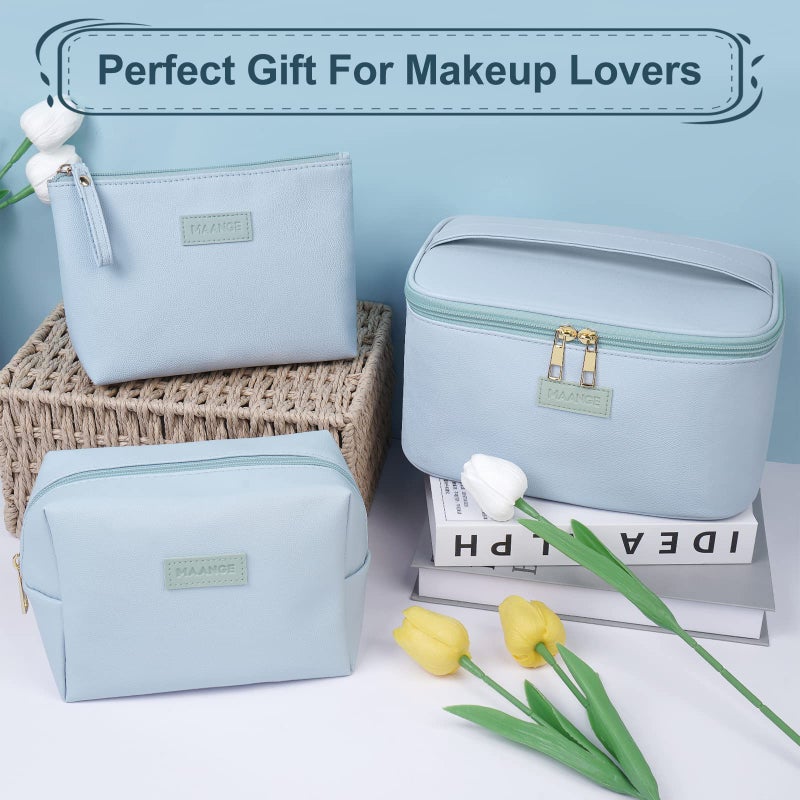 MAANGE Makeup Bag Large Cosmetic Bag with 2pcs Small Makeup Bags Portable Leather Travel Makeup Bag Set Toiletry Bag Make Up Bags for Women and Girls (Blue) - Image 2