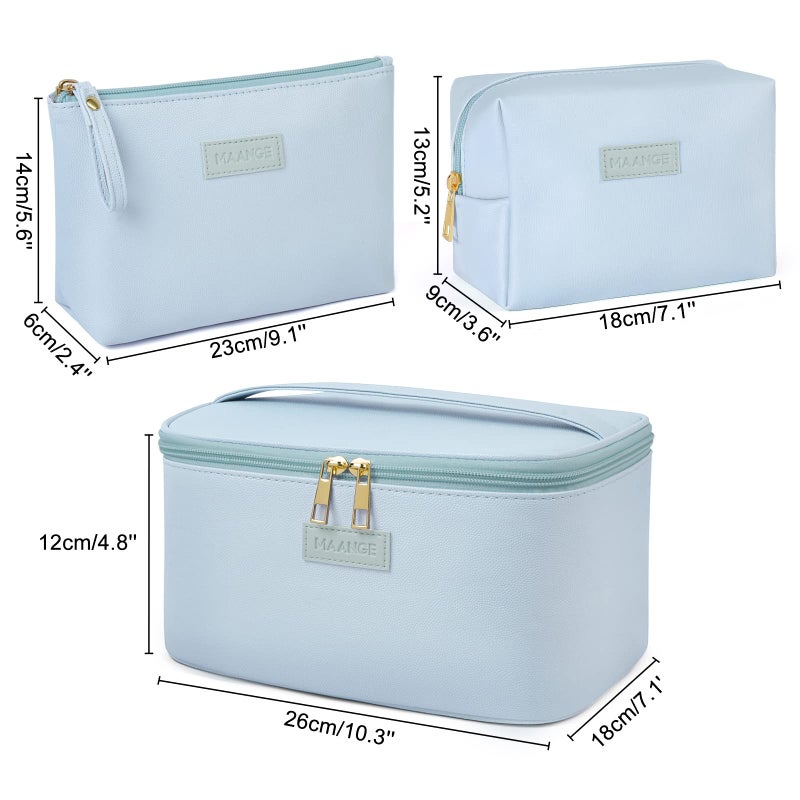 MAANGE Makeup Bag Large Cosmetic Bag with 2pcs Small Makeup Bags Portable Leather Travel Makeup Bag Set Toiletry Bag Make Up Bags for Women and Girls (Blue) - Image 3