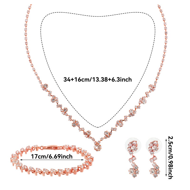Yolev Bridal Wedding Jewelry Set Rhinestone Include Necklace Earrings Bracelet Brides Bridesmaid Prom Costume for Women (Rose Gold) - Image 2