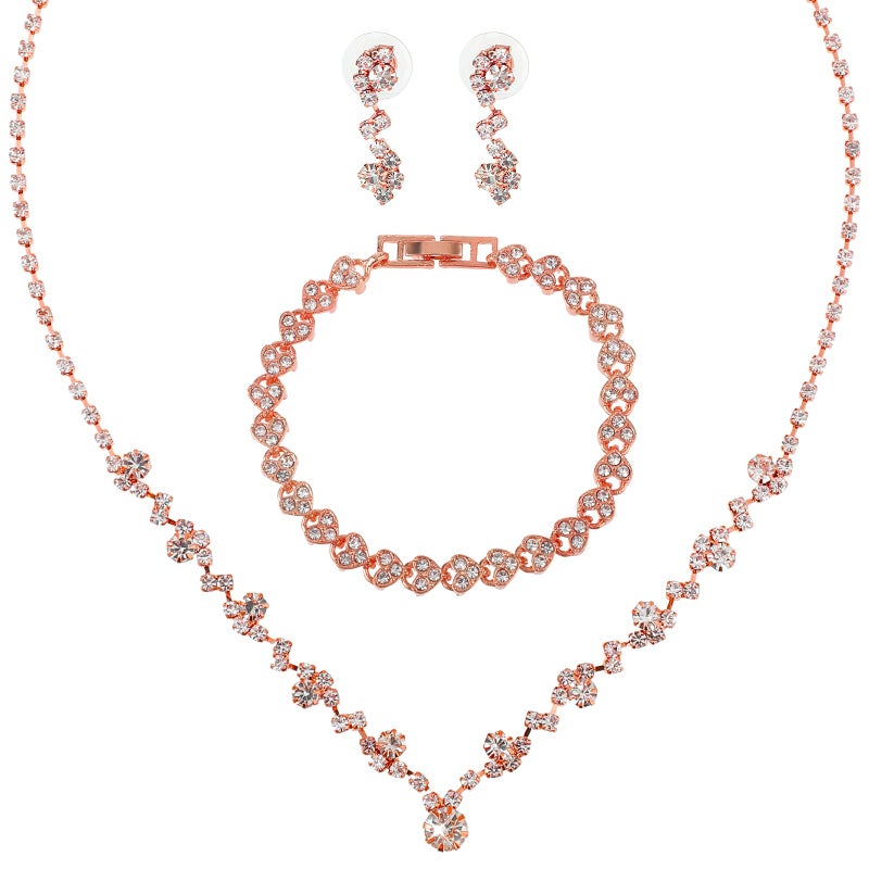 Yolev Bridal Wedding Jewelry Set Rhinestone Include Necklace Earrings Bracelet Brides Bridesmaid Prom Costume for Women (Rose Gold) - Image 1