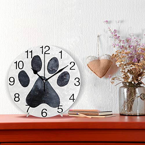 senya Black Dog Paw Print Design Round Wall Clock, Silent Non Ticking Oil Painting Decorative for Home Office School Clock Art - Image 2