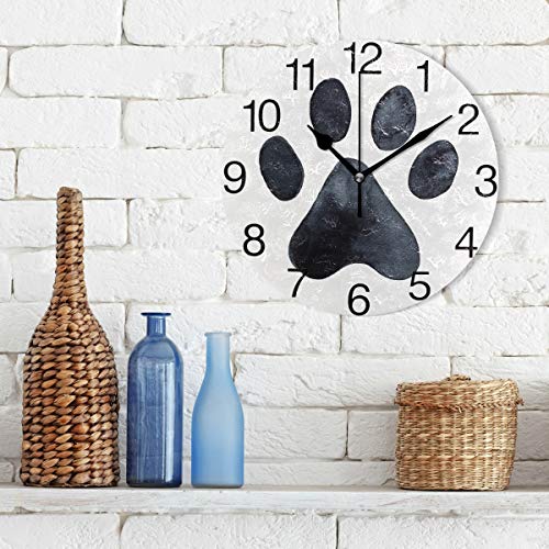 senya Black Dog Paw Print Design Round Wall Clock, Silent Non Ticking Oil Painting Decorative for Home Office School Clock Art - Image 3
