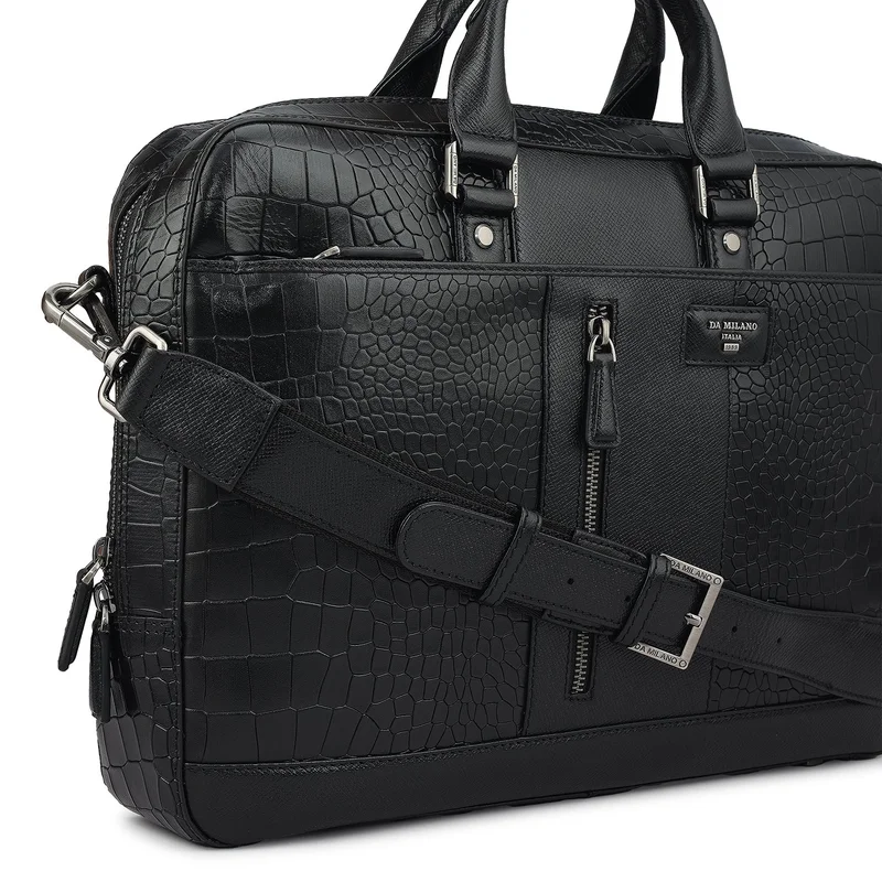 Da Milano  Croco Franzy Leather Laptop Bag - Black  | Best Price UAE
