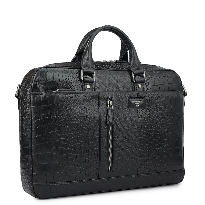 Da Milano  Croco Franzy Leather Laptop Bag - Black  | Best Price UAE