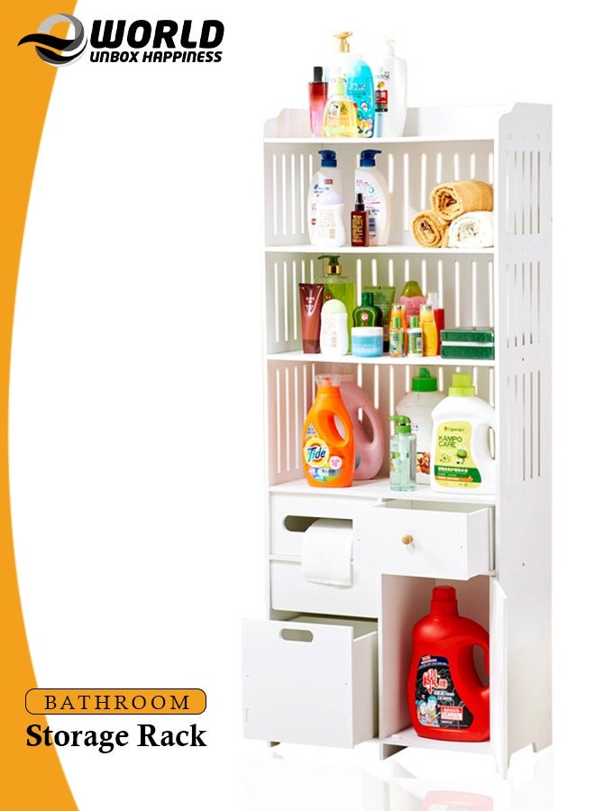 Eworld Waterproof White PVC Floor Cabinet Organizer, Stylish Storage Solution Featuring Shelves, Drawer, Tissue Holder, and Door for Bathroom, Kitchen, Living Room, or Bedroom Accessories, Available in 4 Sizes - Image 1