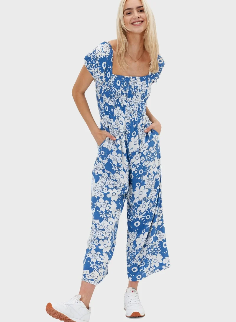 American Eagle Floral Print Puff Sleeve Jumpsuit