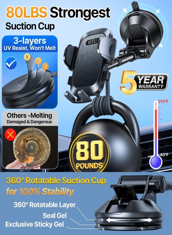 HTU [2025 True Military-Grade] Car Phone Holder [Upgraded Strongest Suction & Clip] Cell Phone Mount for Dashboard Windshield Vent,Truck Cradle Stand for iPhone 16 Pro Max Samsung Android (Black) - Image 2