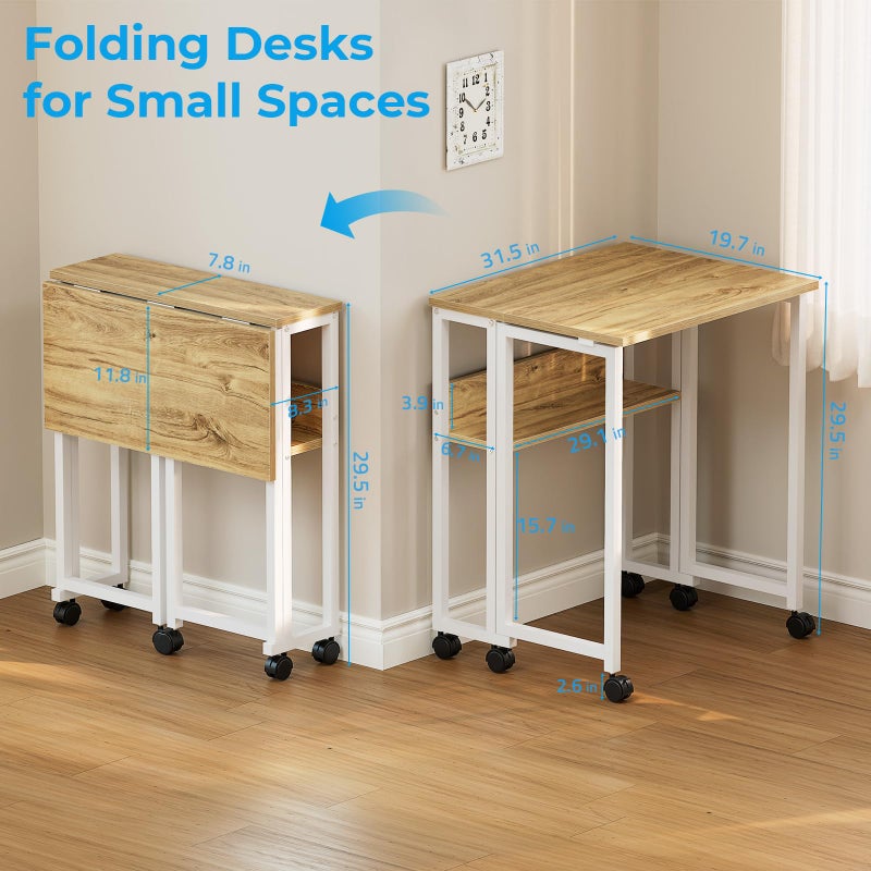 GreenForest Folding Desk Small Rolling Desk with Storage Shelf,31.5 inch Foldable Computer Desk with Wheels for Small Space, Easy Assembly,Oak - Image 2