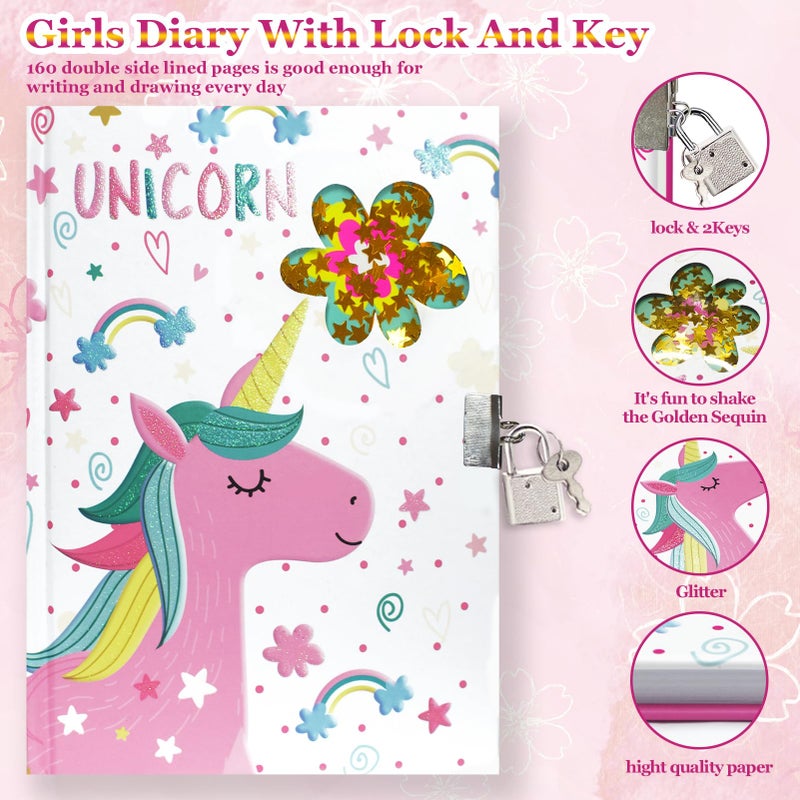 GINMLYDA Girls Diary with Lock for Kids, Unicorn Diaries 7.1x5.3 160 Pages Cute Girl Journal Secret Notebook with Lock and Key for Little Kid Writing Drawing Gift for Pre school Age 6,8,12 - Image 3