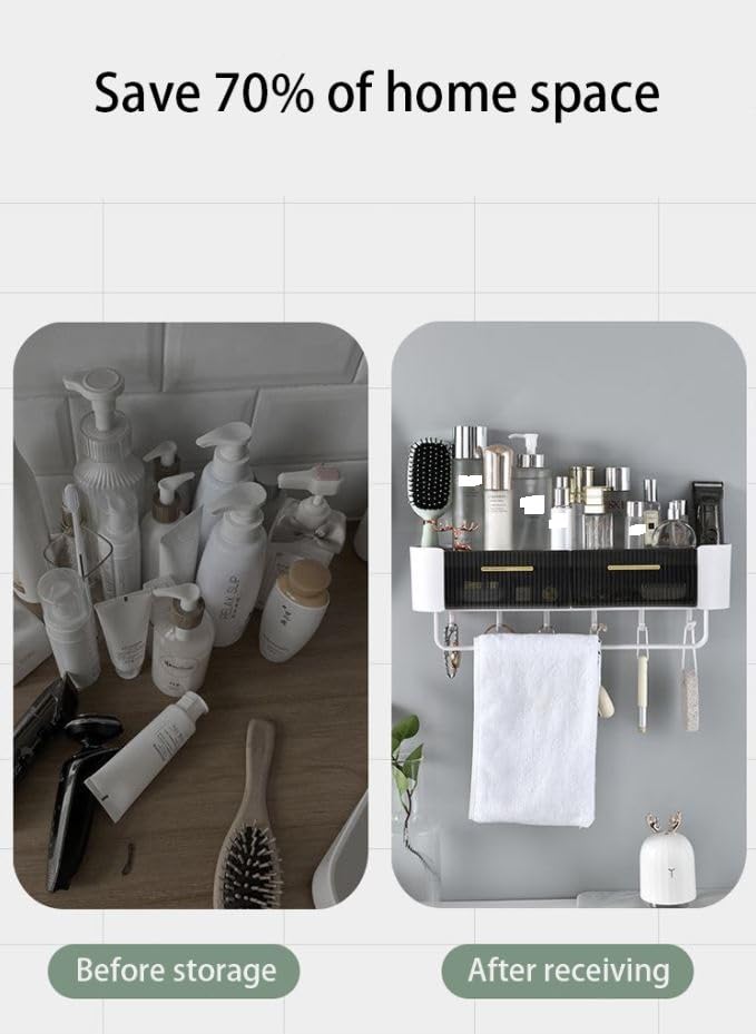 Furret Floating Shelves Punchfree Storage Rack With Towel Bar Bathroom Shelf With Hooks Two Drawer Organizer For Bathroom Household Bath Accessories Shower Caddy - Image 2