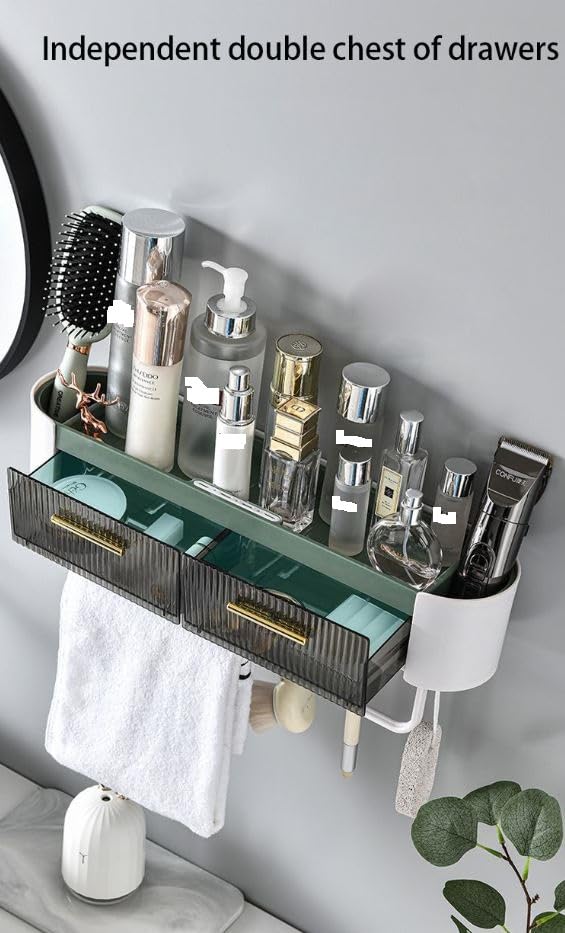 Furret Floating Shelves Punchfree Storage Rack With Towel Bar Bathroom Shelf With Hooks Two Drawer Organizer For Bathroom Household Bath Accessories Shower Caddy - Image 3