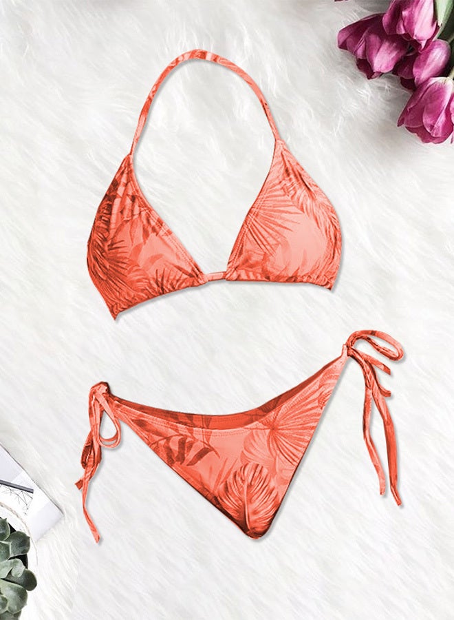 MARGOUN Small Size Three-piece Digital Printing Bikini Ladies Beach Sunscreen Blouse Swimsuit Long Lace Dress Sheer Dress Sheer Kimono Dress Orange / S (Lower Bust 66/Waist 66-70)  - Image 3