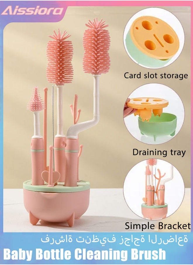 Aissiora Baby Bottle Cleaning Brush Set for Travel, 5 In 1 Bottle Cleaning Brush Kit with Silicone Bottle Brush/Nipple Brush/Straw Cleaning Brush/Baby Bottle Drying Rack, Portable Baby Feeding Bottle Cleaner  - Image 1