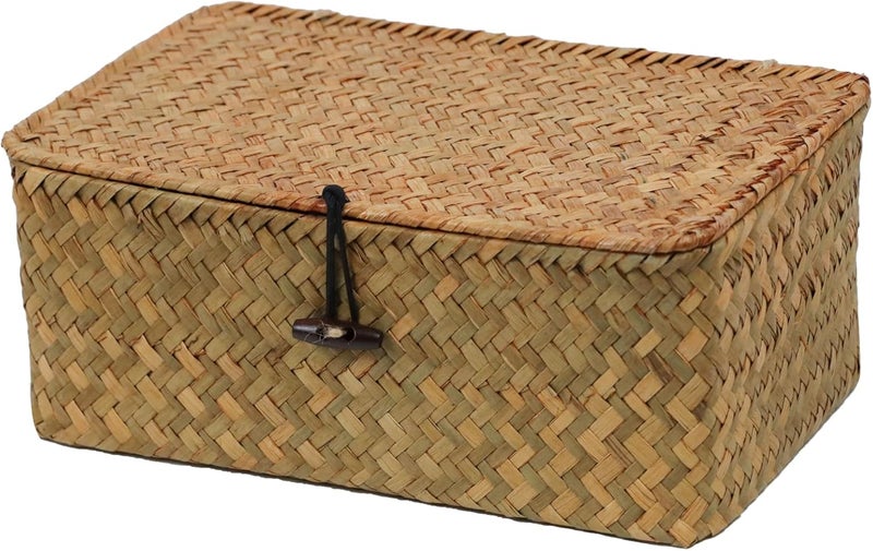 ORDELITE Wicker Basket with Lid, Natural Seagrass Storage Baskets for Organizing, Woven Basket for Storage, Decorative Boxes Bins with Lids Home Organizer Decor (‎Natural, Small) - Image 1