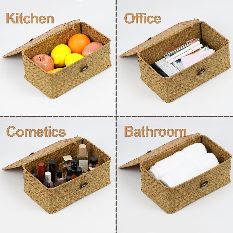 ORDELITE Wicker Basket with Lid, Natural Seagrass Storage Baskets for Organizing, Woven Basket for Storage, Decorative Boxes Bins with Lids Home Organizer Decor (‎Natural, Small) - Image 2